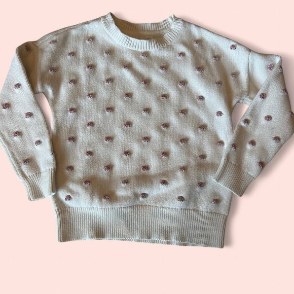 Girls Gap Kids Tinsel Dot Sweater, Size Small (6-7) | Cream with Pink Pom Dots - Picture 1 of 7